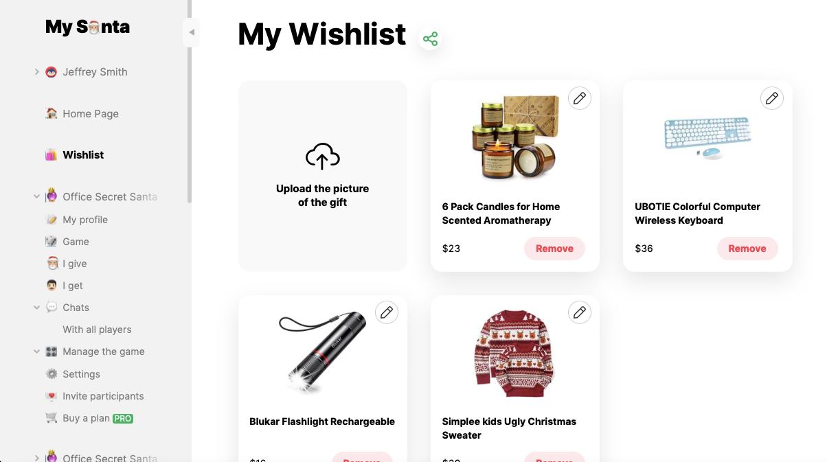 MySanta app wishlist for Secret Santa