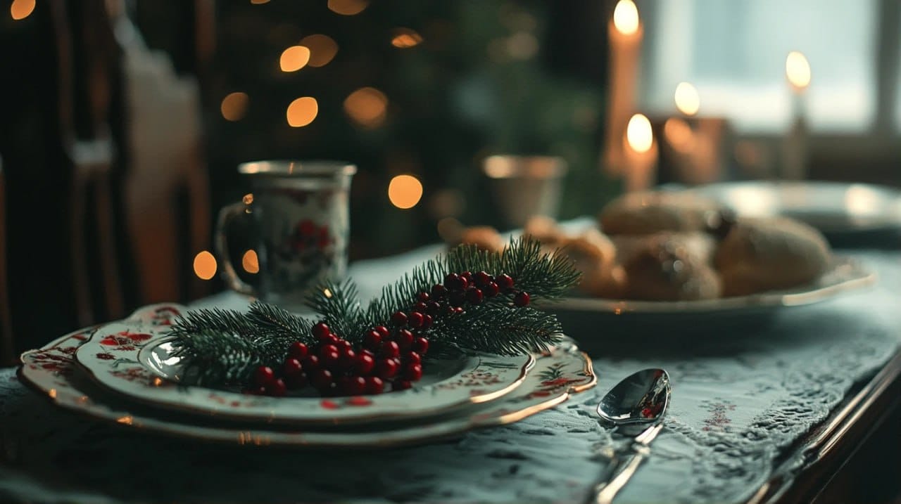 Festive table setting with cranberries.