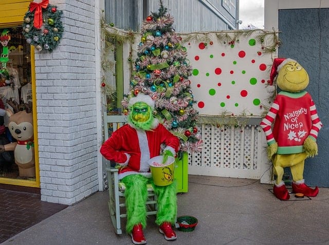 Grinch costumes and decorations for Christmas.