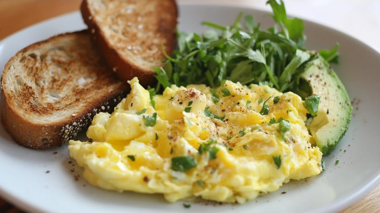 Eggs with whole grain toast and avocado