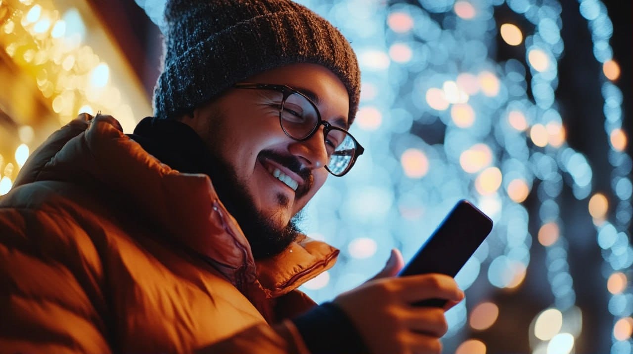 A man is reading a funny Christmas message