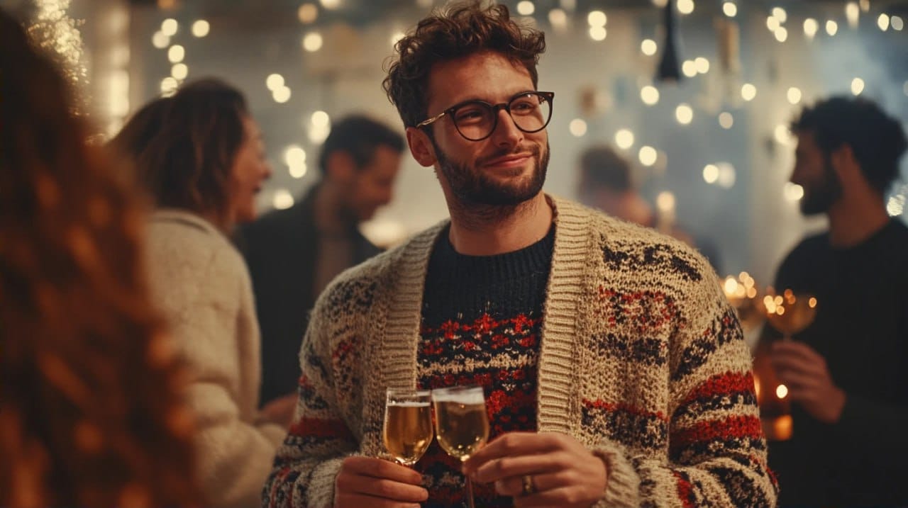 A man wearing a cozy cardigan is celebrating Christmas