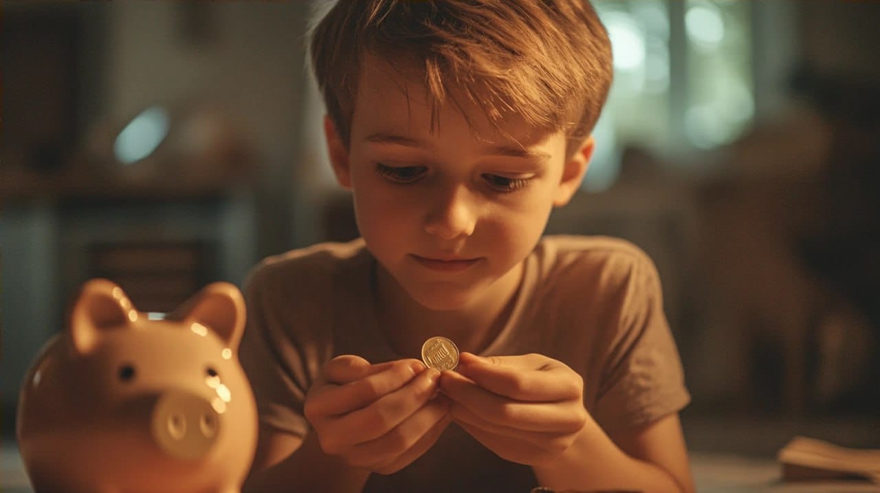 A child is saving up money in a piggy bank