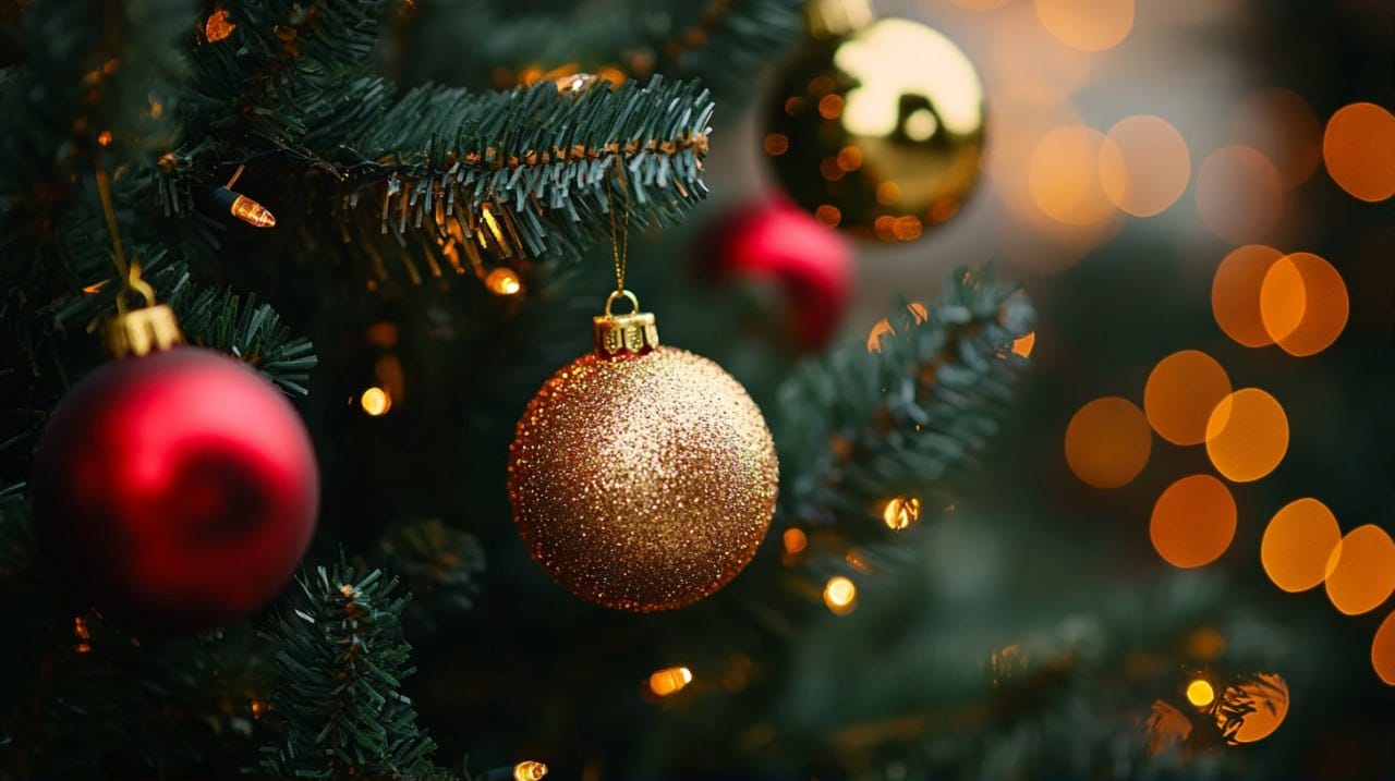 Red and golden decorations on a Christmas tree.