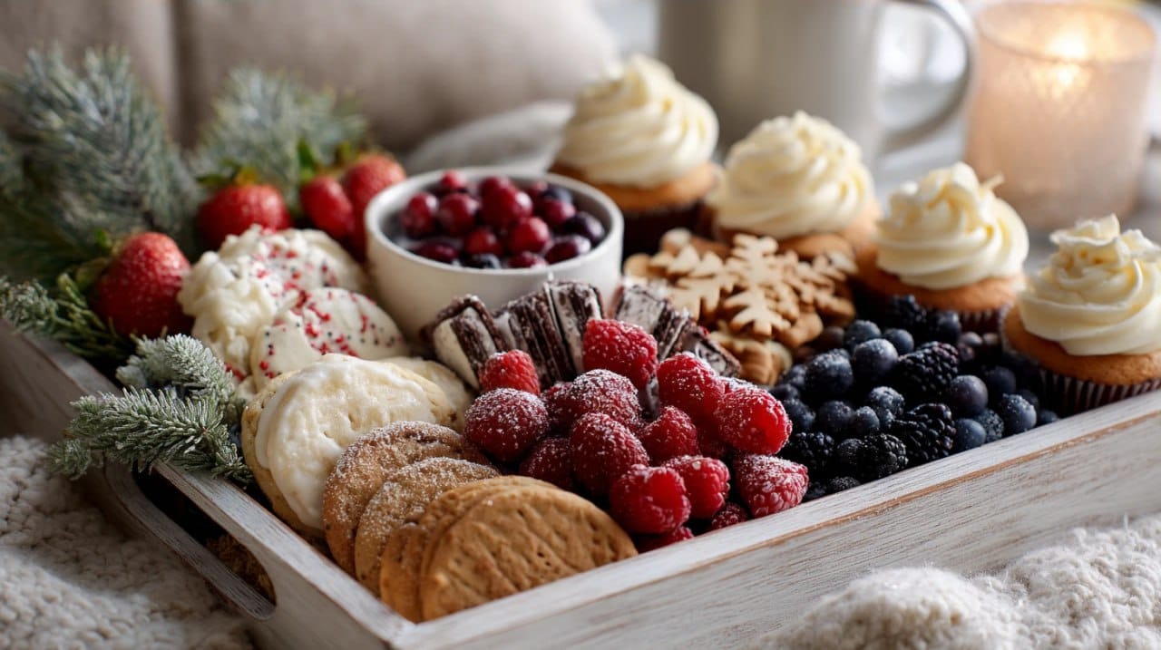 Fresh berries, cupcakes, and holiday-related cookies