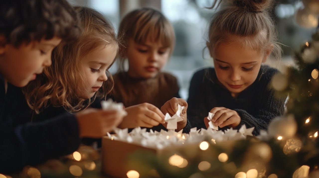 The children are picking pieces of paper with the names of their gift-recipient