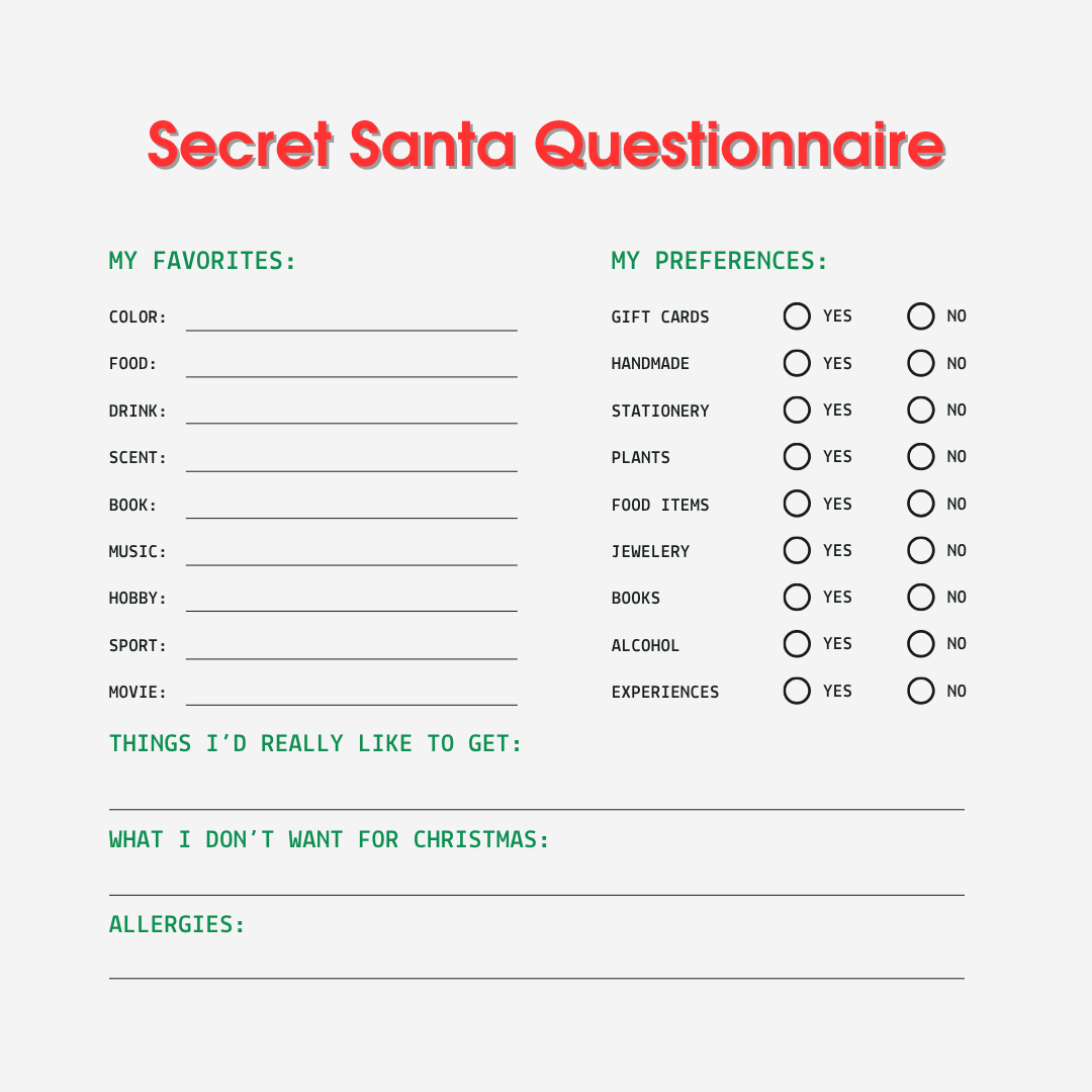Free printable Secret Santa survey