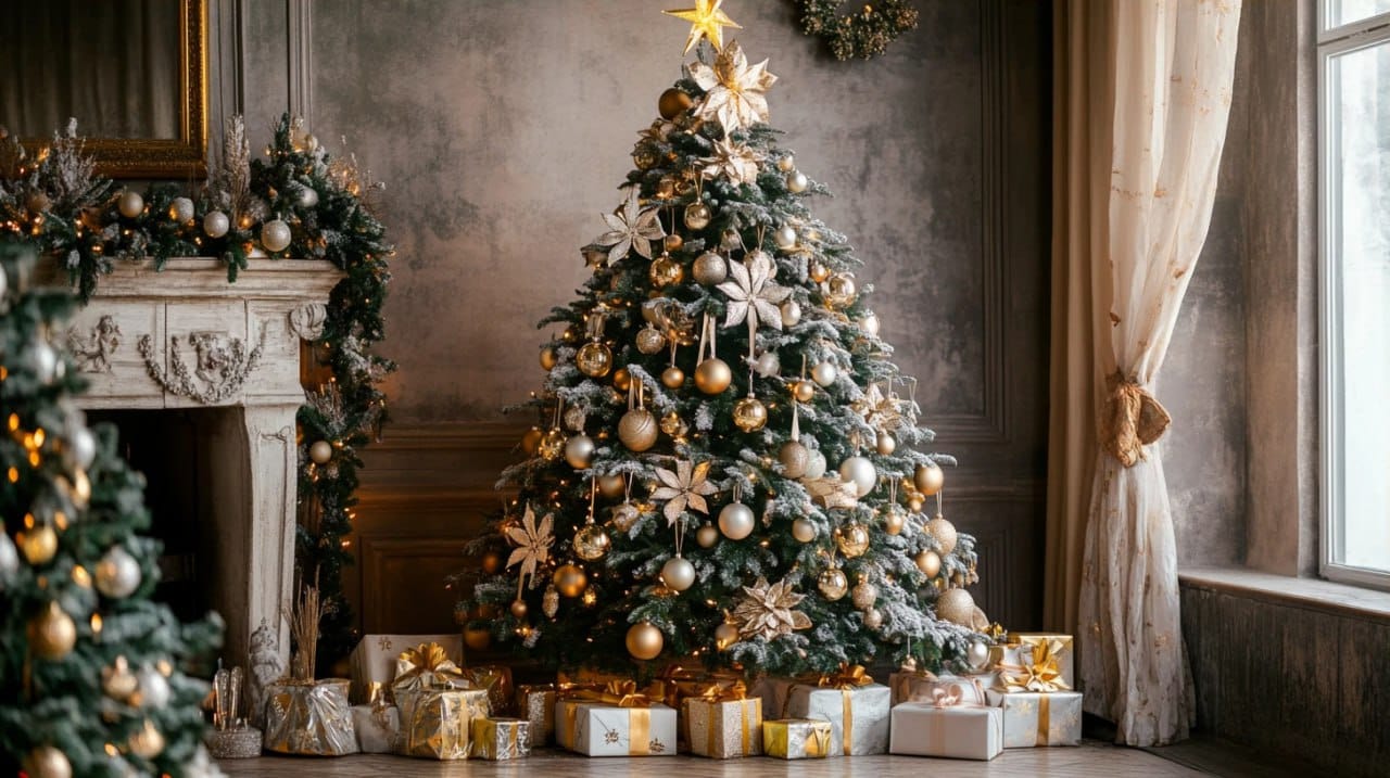 A Christmas tree adorned with gold and silver decorations and elegant bows