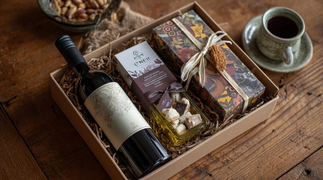 Christmas gifts: a bottle of wine, olive oil and cheese