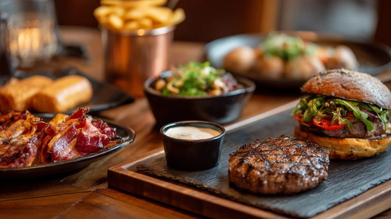 Burgers, meat and fried potatoes for a Christmas party for men