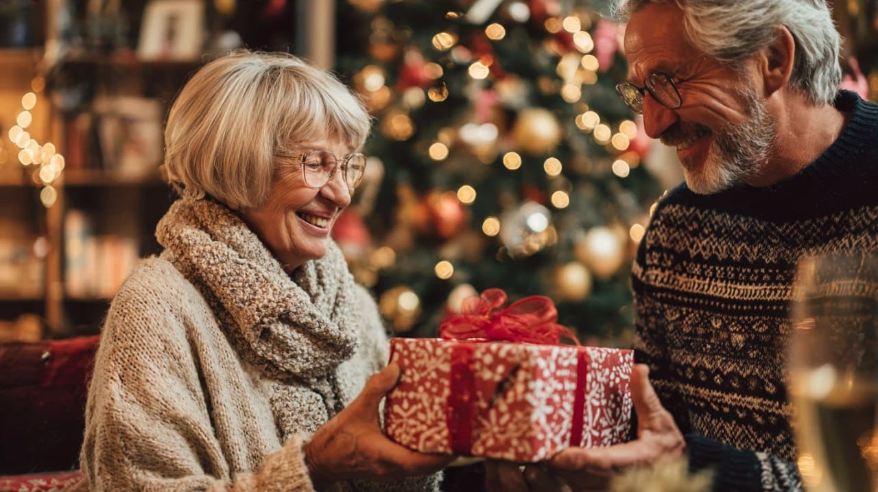 The woman is receiving a beatifully wrapped Christmas gift