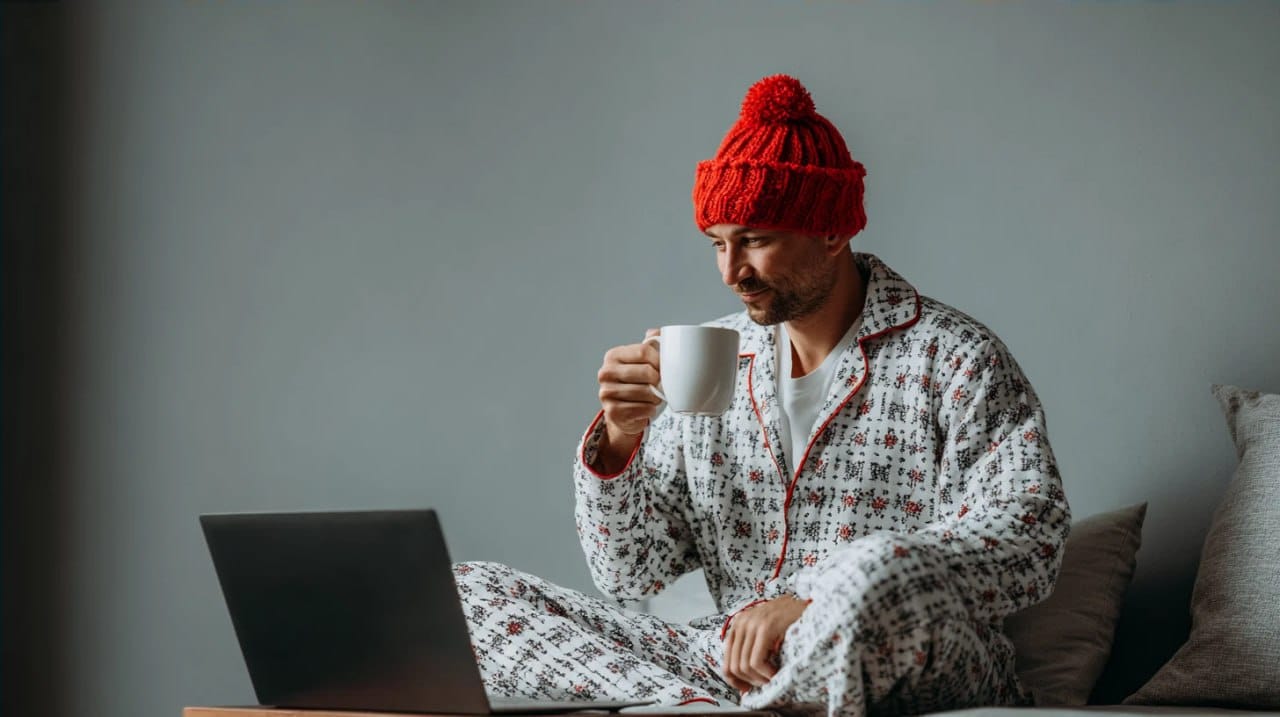 The man is celebrating Christmas alone, wearing festive pajamas
