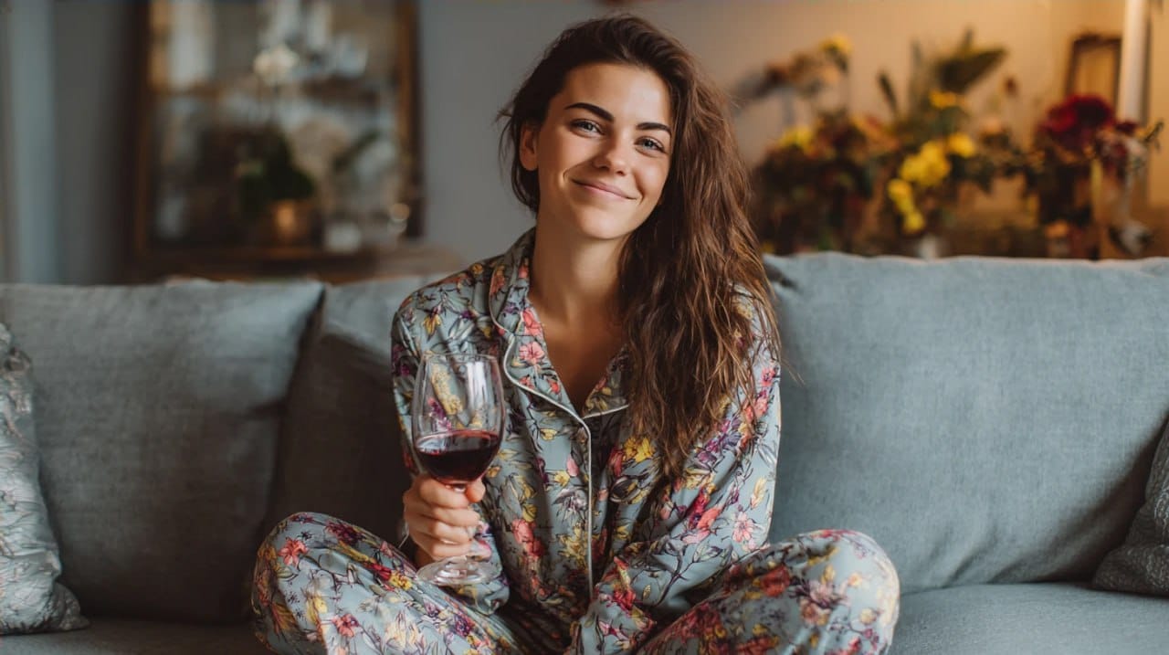 The girl, dressed in pajamas, is sipping a glass of wine