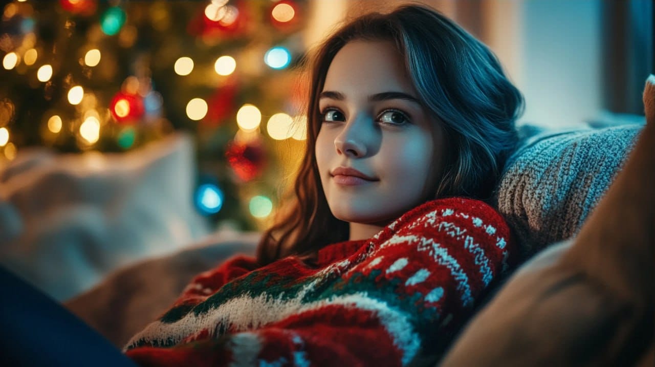 A girl in a festive sweater is enjoying the season