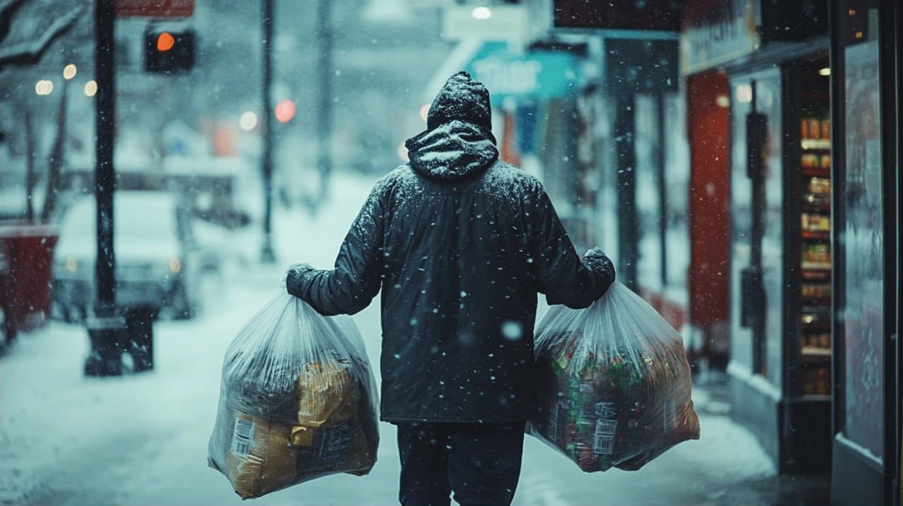 A man is carrying heavy bags returning fro the shop