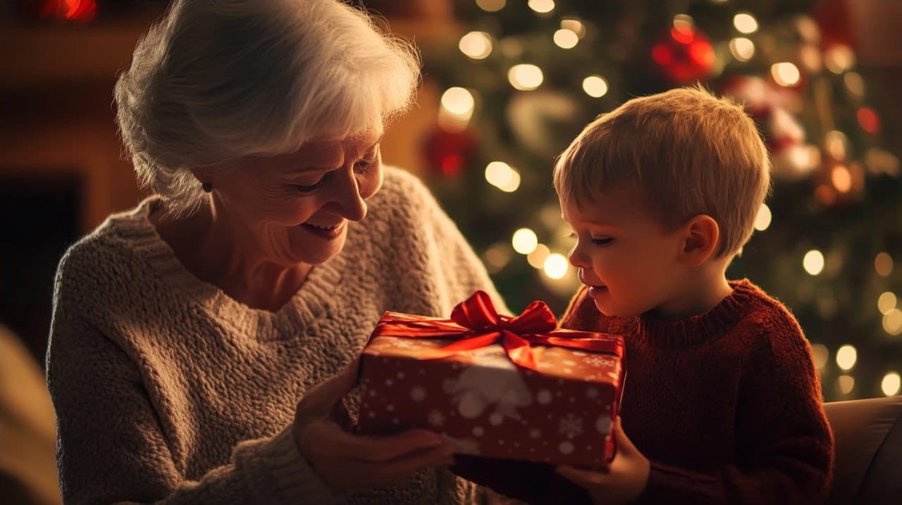 Grandmother gives her grandson a Christmas gift with love