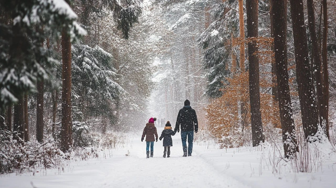 A family is strolling through the snowy forest