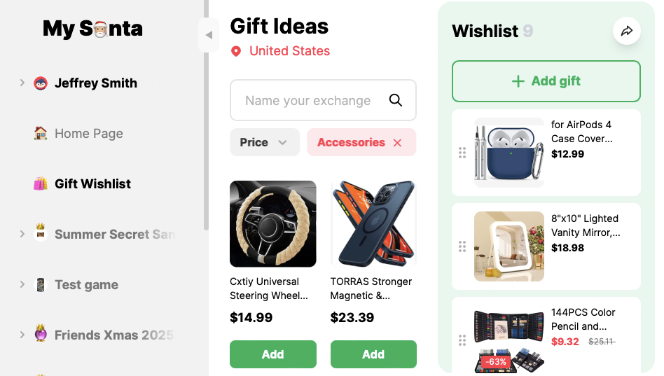 Wishlist in the MySanta app