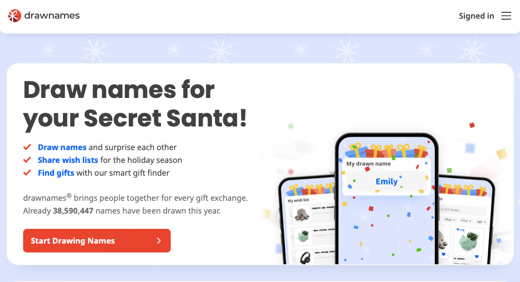 DrawNames organizer for Secret Santa